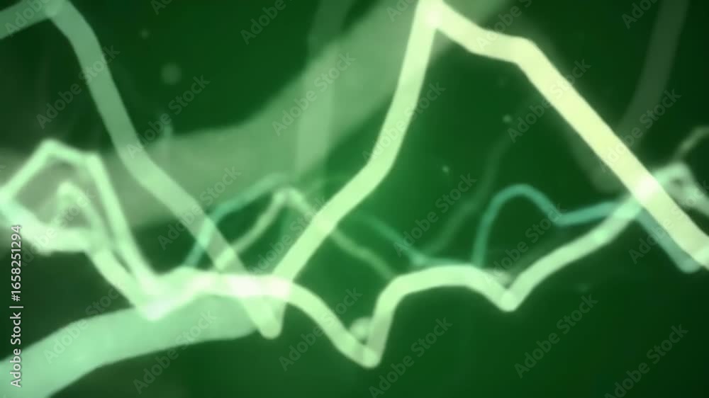 Poster abstract green background with glowing light lines and particles.