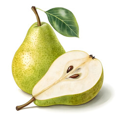 resh pear and half pear isolated on white backgrou