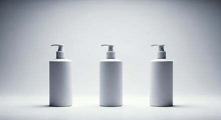 Three white pump bottles with dispensers in a clean, minimal studio setting, perfect for beauty or personal care product shots.