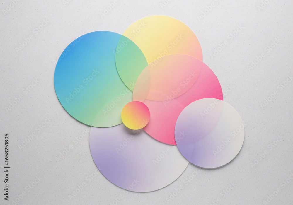 Poster abstract arrangement of overlapping translucent iridescent circles with soft pastel gradient colors 
