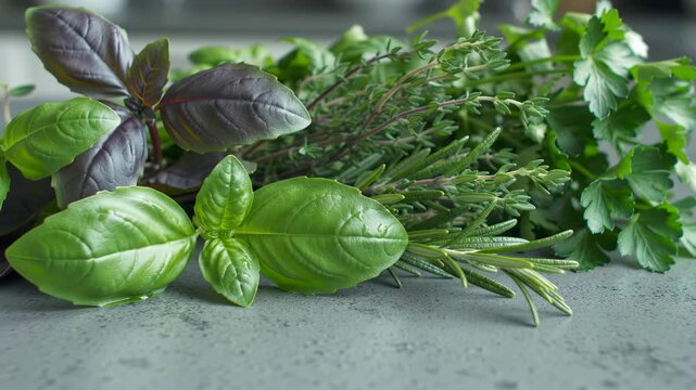 Fresh herbs on a gray surface: basil, parsley, rosemary, thyme