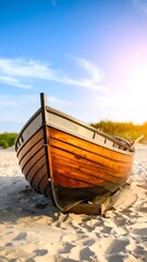 Wooden boat on sandy beach, sunny day