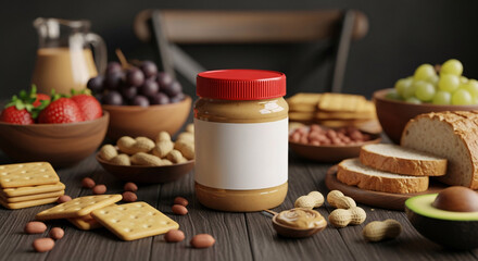 A delicious and healthy assortment of peanut butter crackers fresh fruits nuts and avocado on a rustic wooden table setting