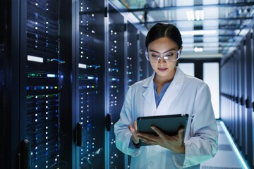 Woman in lab coat holding tablet in server room with rows of computer server racks visible