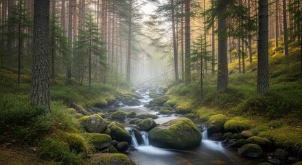 Obraz premium Enchanting Forest Stream with Mossy Rocks and Mystical Fog a Natural Paradise for Outdoor Adventure Seekers and Nature Enthusiasts