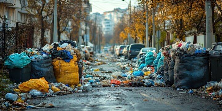Garbage bags and assorted trash litter a street empty. 
