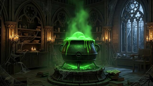 Enchanted cauldron bubbling with green potion in a dimly lit, cobweb-filled ancient library