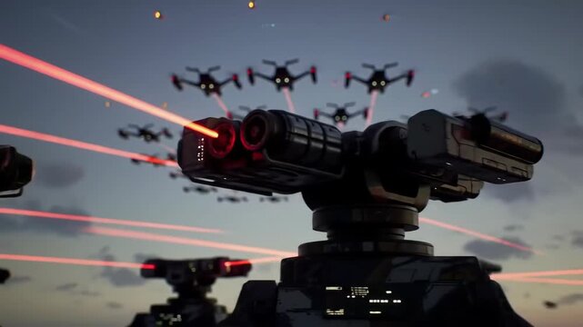 Futuristic defense system shooting down drones at twilight