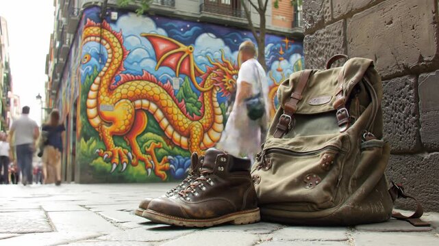 Backpack and boots on a city street with dragon artwork