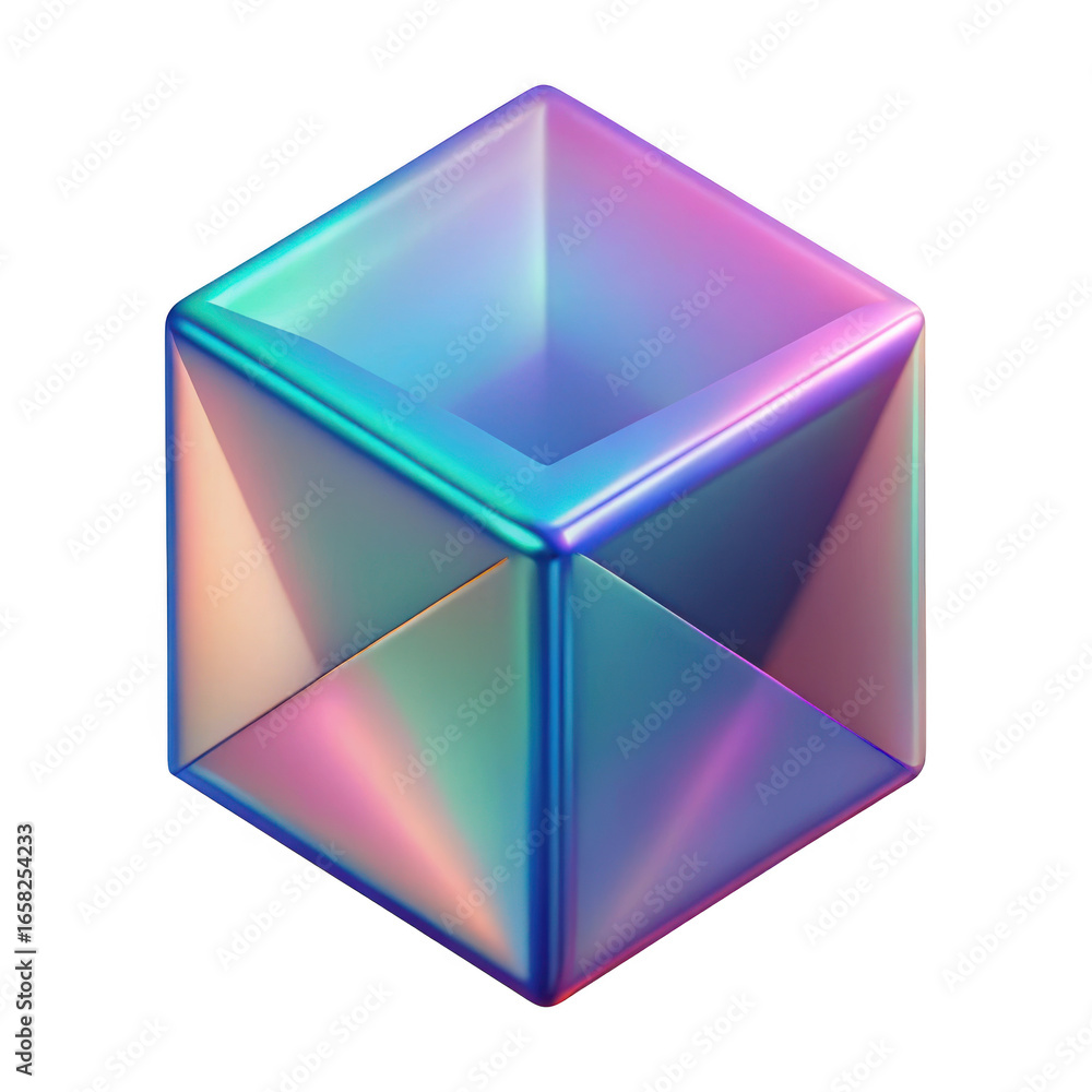 Poster 3d iridescent geometric cube isolated on transparent background
