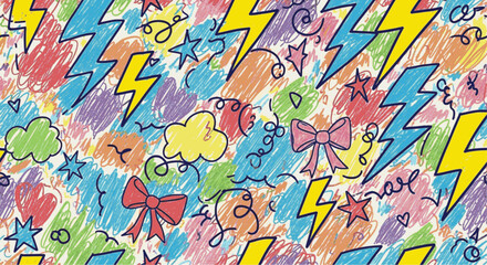 "Playful doodle vector seamless design with scribbles, lightning bolts, bows, and abstract icons, childlike crayon style."