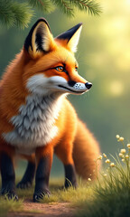 Naklejka premium Illustration of red fox standing attentively in rich green nature with soft daylight. Features detailed fur, sharp eyes, whiskers. Background shows serene forest setting with blurred foliage, small