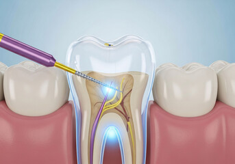 Close up 3d illustration of a tooth undergoing laser dental treatment for root canal therapy showing internal structure and pulp