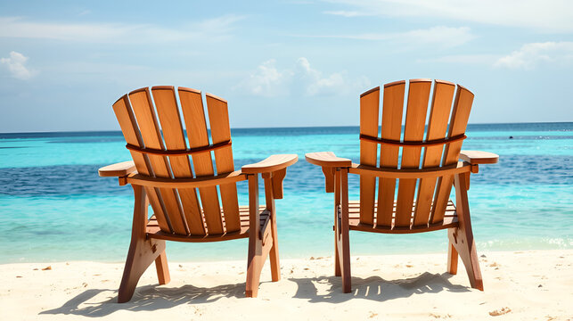 Two adirondack chairs on sunny, tranquil beach overlooking blue ocean, Maldives, Indian Ocean