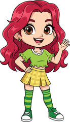 Cute cartoon girl character with red hair, green outfit, yellow skirt, striped socks, happy expression, waving hand, cheerful children vector illustration