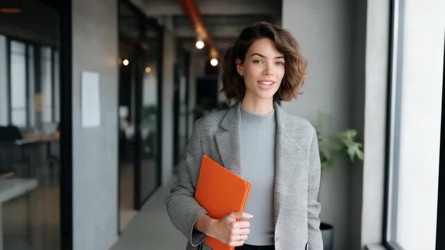 Confident young adult caucasian female in office holding orange folder