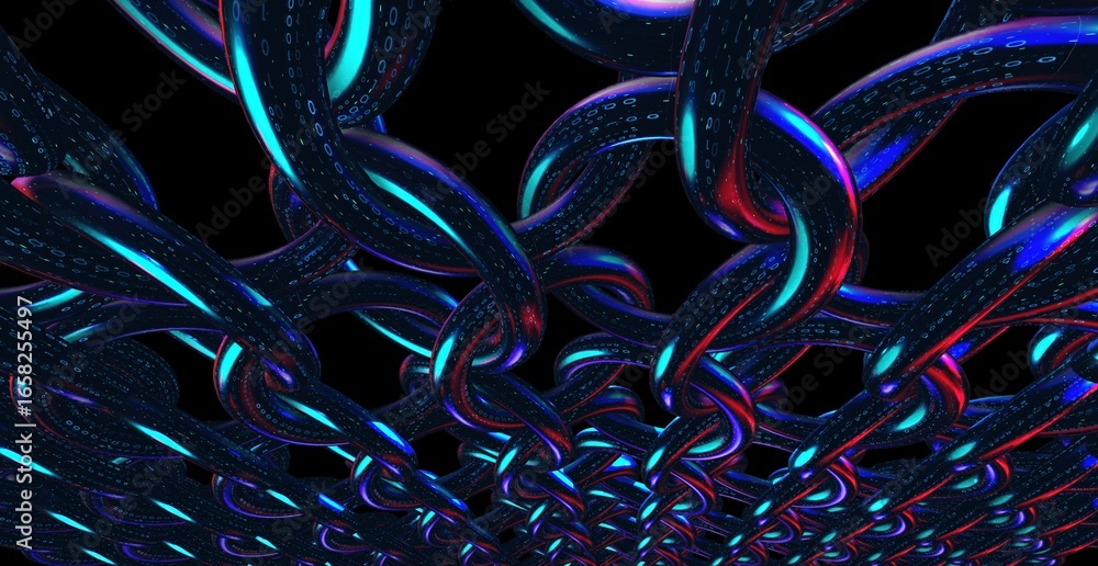 Poster abstract chain with vibrant blue and purple hues weaving against black background, creating an intri