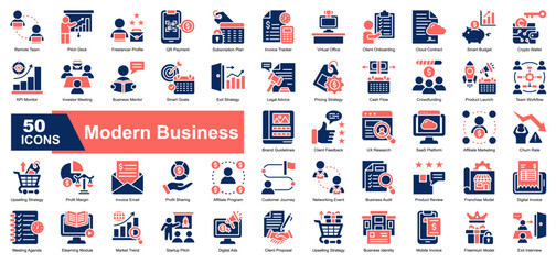 Modern Business icon set featuring essential business concepts and strategy. Containing remote teams, pitch decks, invoicing, marketing plans, client onboarding, SaaS platforms, digital payments. 