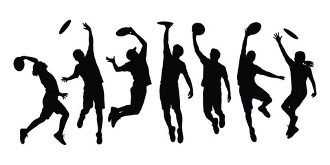 Seven black silhouettes of people in dynamic frisbee poses, capturing motion, athleticism, and recreational energy in minimalist style