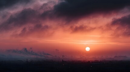 Dramatic sunset over an industrial cityscape shrouded in smog