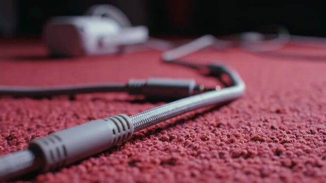 Cable and charger on the carpet, shallow depth of field.