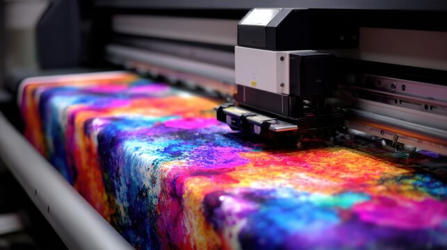 A 4K photo of dtf printer prints vibrant colors on textile fabrics, a modern innovation in textile printing.