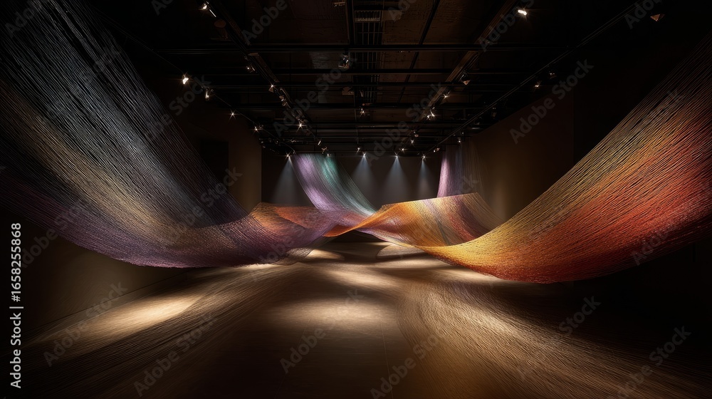 Poster artistic textile installation with colorful threads illuminated by spotlights, exhibition room fille