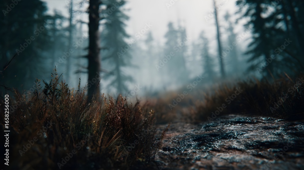 Poster enchanting forest path through a misty wilderness