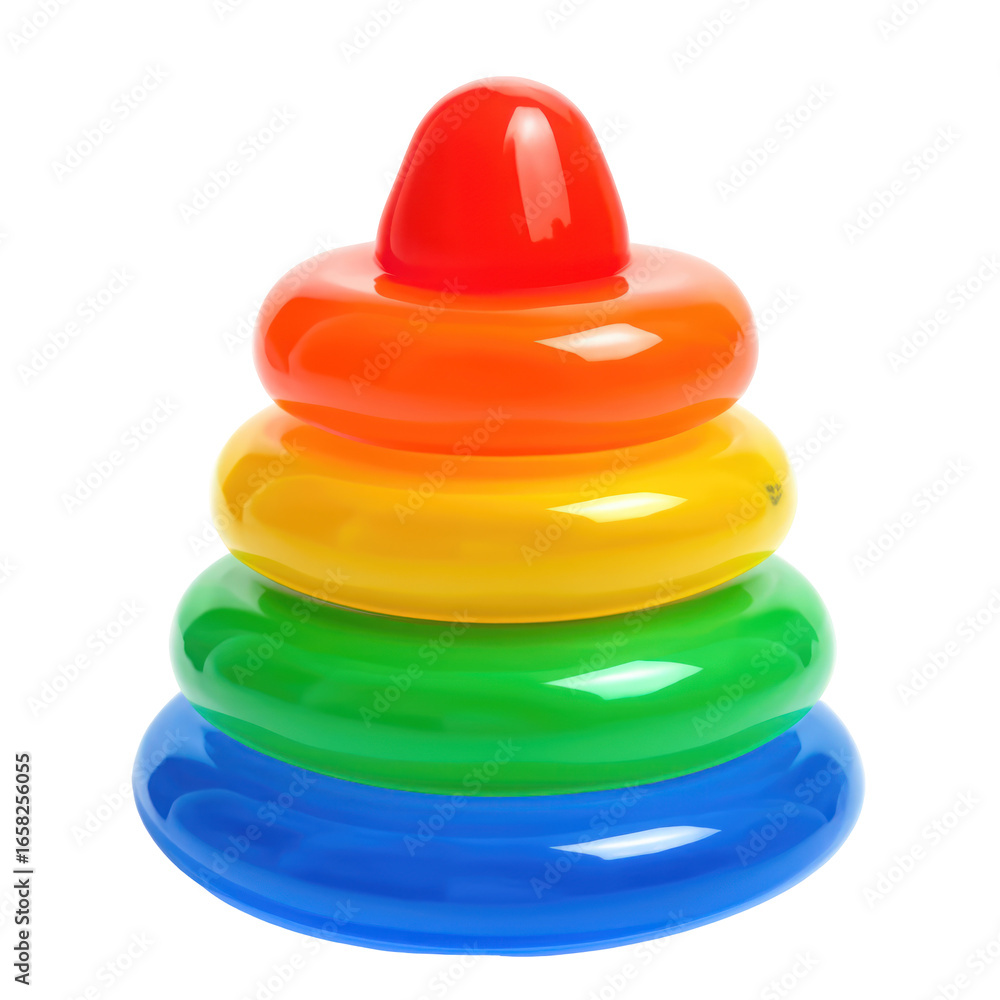 Poster colorful stacking toy displayed on transparent background with a red cone and multiple brightly colo