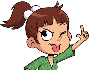 Funny cartoon girl making silly face, winking with tongue out, hand pointing up, playful child expression, comic style vector illustration