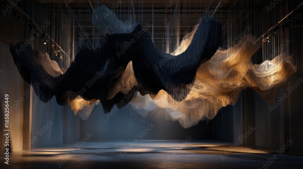 Poster intricate fabric installation suspended in gallery, unique lighting design creating a dramatic effec