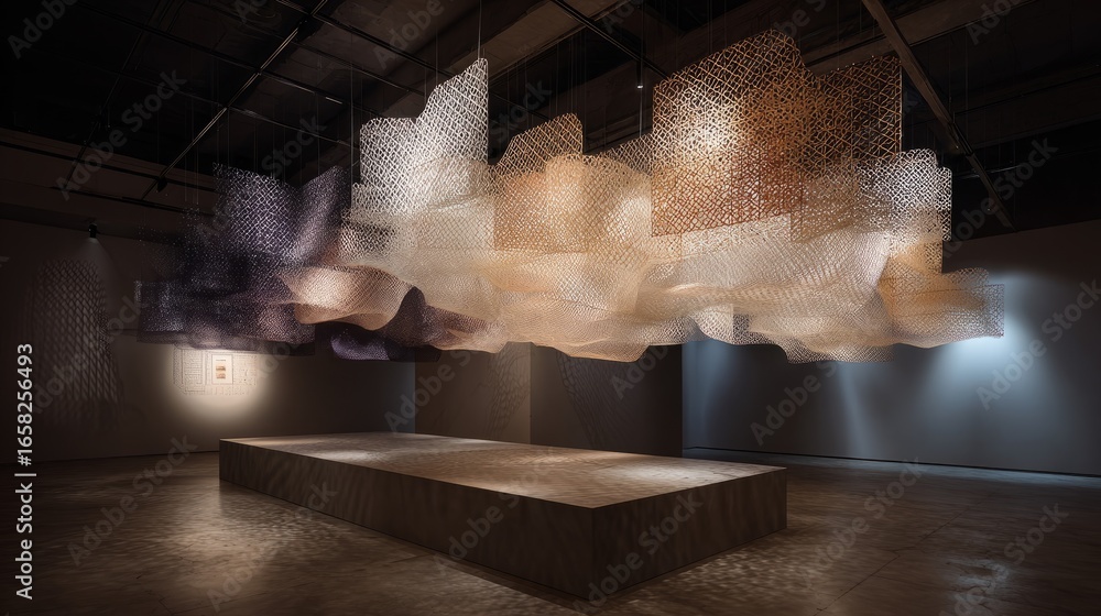 Poster intricate woven textile art installation suspended in gallery, highlighted by creative lighting, sof