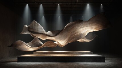 Intricate fabric installation suspended in gallery, unique lighting design creating a dramatic effect, modern textile art, 3D render with textured base