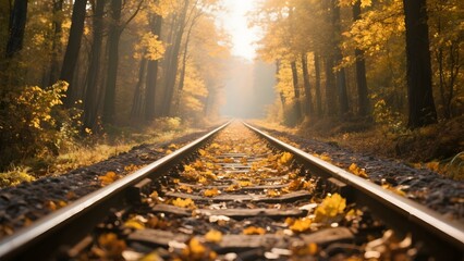 Railway Tracks Through a Sunlit Autumn Forest