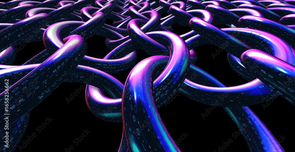 Poster intertwined metal chain links arranged in a pattern with a black background and illuminated with sha