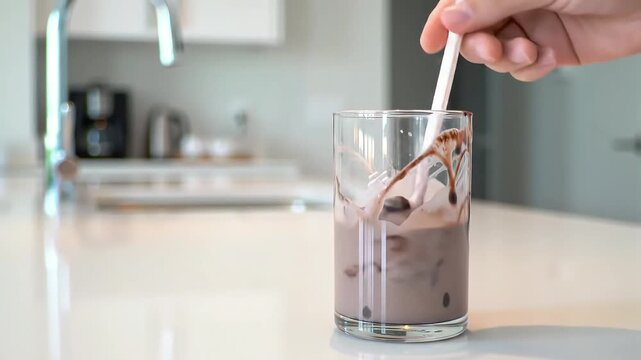 national milkshake day mixing chocolate drink in glass kitchen countertop