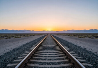 Fototapeta premium Perspective view of a long straight railway track stretching towards a vibrant sunset over a vast desert landscape with distant mountains