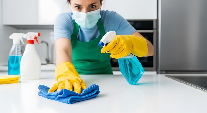Person Cleaning Kitchen Counter with Spray and Cloth Wearing Mask - Powered by Adobe
