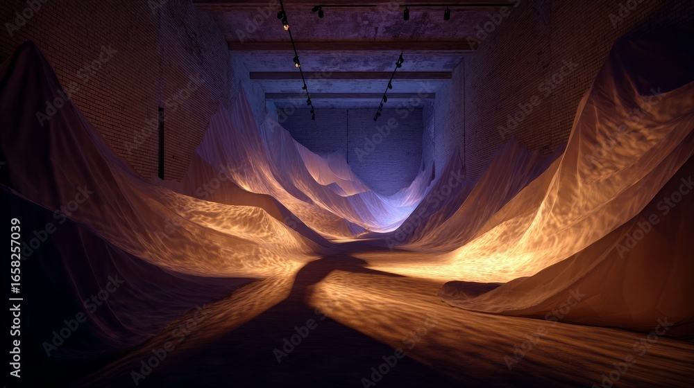 Poster textured textile installation glowing under dynamic lighting setup, fabric shadows stretching across
