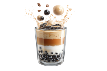 A refreshing bubble tea with layers of milk, coffee, and tapioca pearls, splashing in a transparent glass.