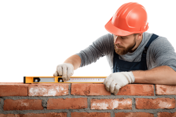 A skilled bricklayer using a level to ensure evenness in a brick wall construction.