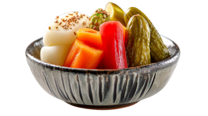 A vibrant bowl of assorted pickled vegetables and colorful garnishes, perfect for enhancing any meal.