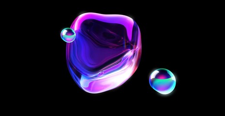 Abstract and colorful fluid bubbles floating in a dark space, evoking a sense of wonder and creativity. The bubbles have a transparent look and a luminous, shiny appearance