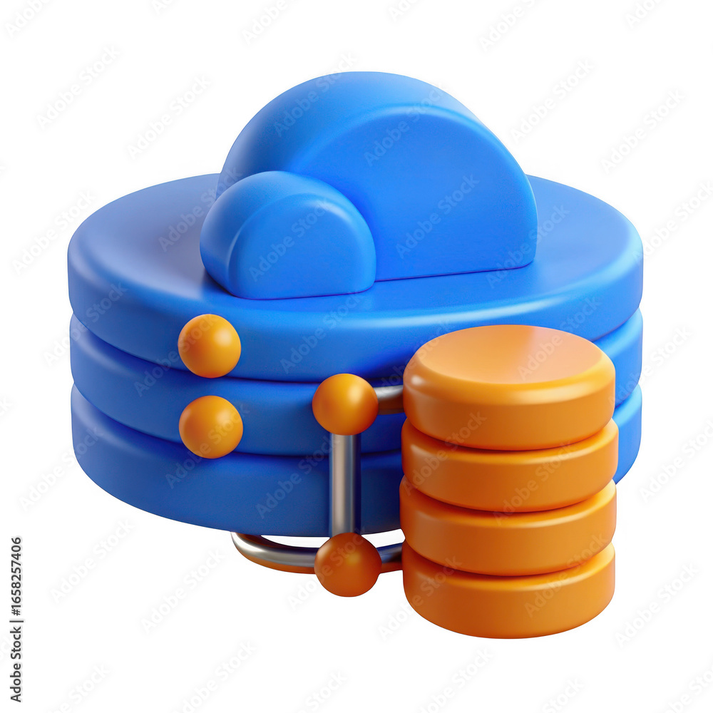 Poster 3d blue cloud storage icon with data stack isolated on transparent background