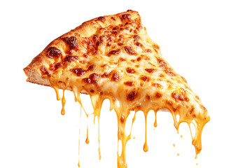 Cheesy pizza slice with gooey melted cheese dripping, isolated on white background.