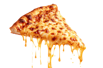 Cheesy pizza slice with gooey melted cheese dripping, isolated on white background.