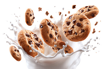 Chocolate chip cookies splashing into a glass of milk, creating a dynamic and appetizing scene.