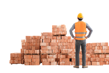 Construction worker surveying brick stack on site, wearing safety gear, isolated background