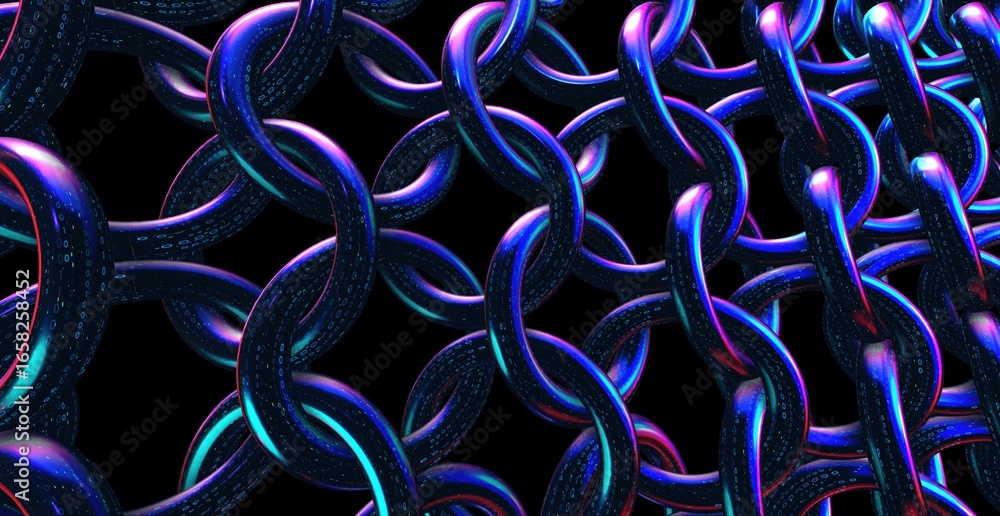 Poster interlocked chains with a sleek, reflective metallic finish against a dark background, creating a se