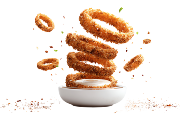 Crispy onion rings floating above a white bowl with dipping sauce, garnished with herbs.
